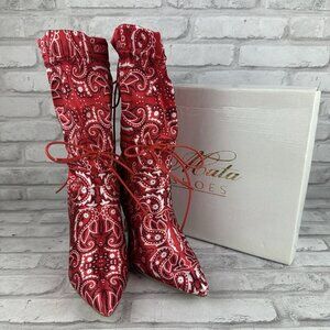 Acata Women's Size 7 Red Bandana Heeled Boots Heels New In Box